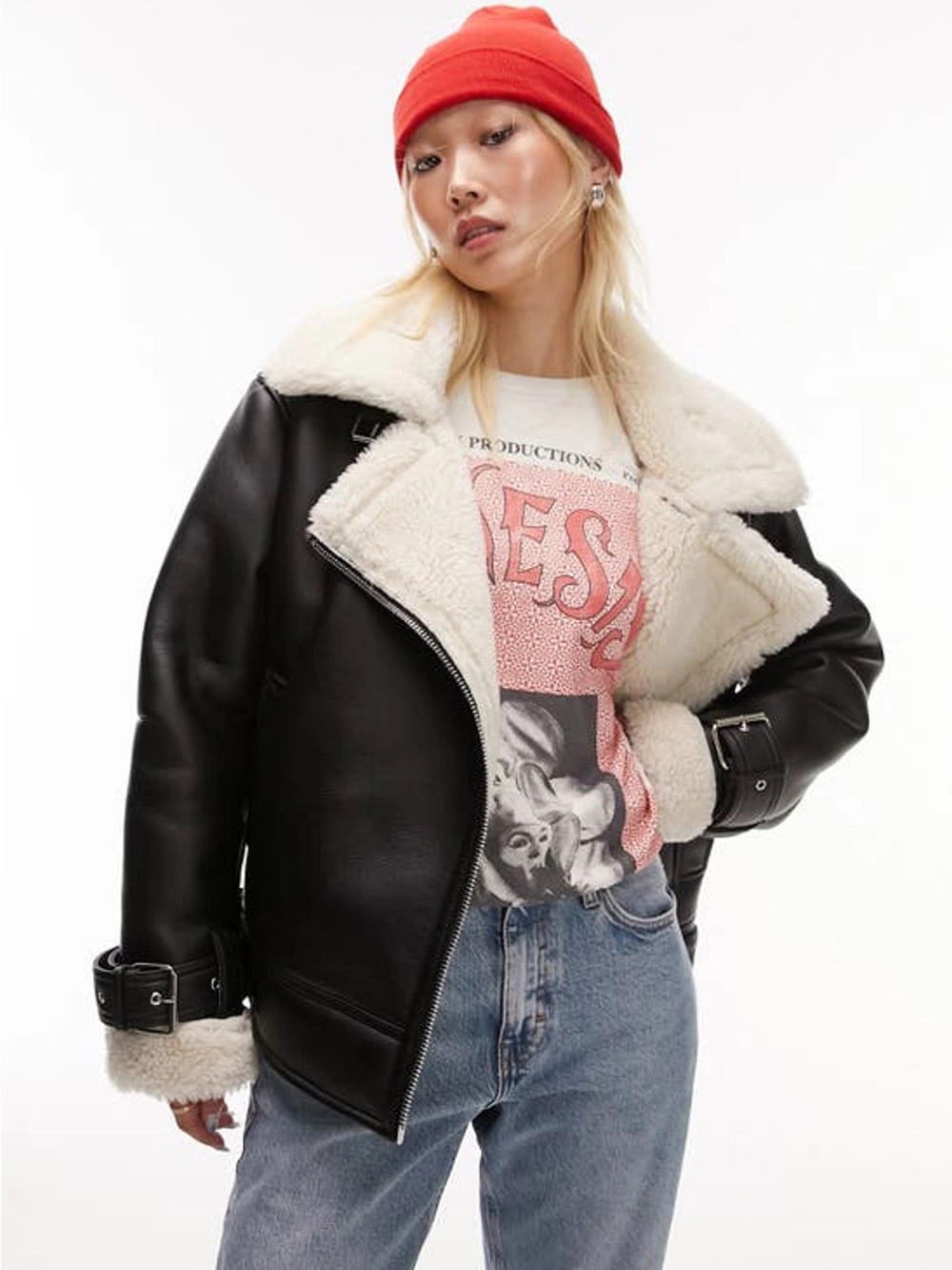 Topshop Curve 2X / US 20-22 faux leather shearling aviator biker jacket in black